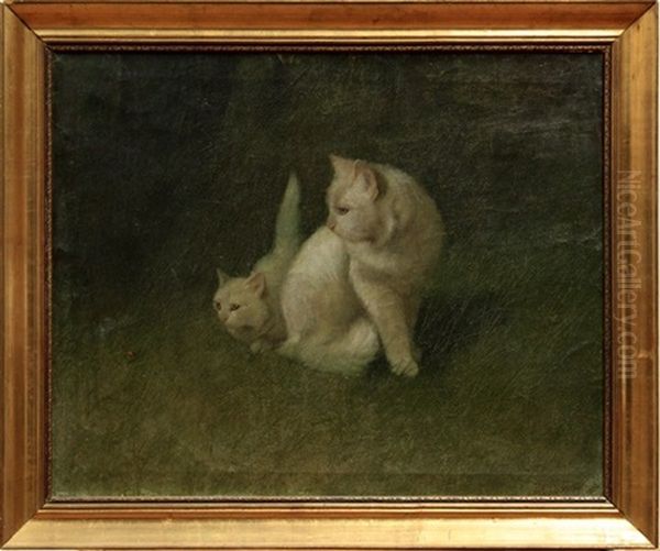 Two White Kittens With A Bug Oil Painting by Arthur Heyer