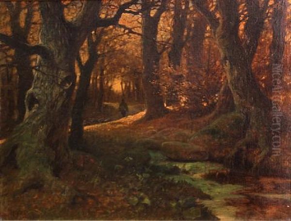 A Forest Interior With A Shepherd And His Flock On A Road Oil Painting by Arthur Heyer