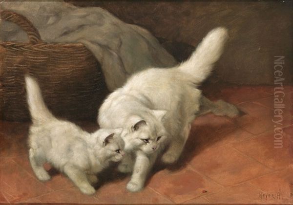 Weise Perserkatze Und Junges Beobachten Einen Marienkafer Oil Painting by Arthur Heyer