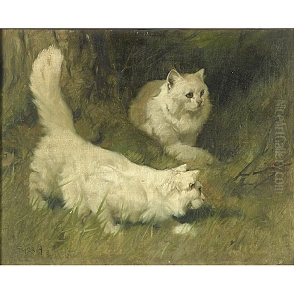 Persian Cats Chasing A Ladybug Oil Painting by Arthur Heyer