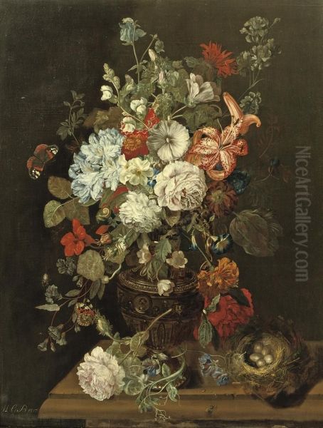 Still Life With Flowers, A Bird's Nest And Butterflies Oil Painting by Maria Geertruida Barbiers