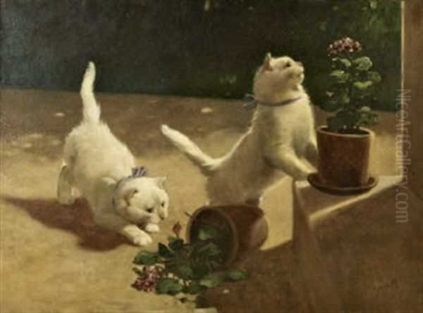 Two White Cats Playing Oil Painting by Arthur Heyer