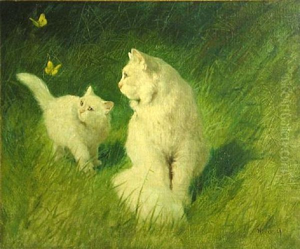 A Cat And Her Kitten With Two Butterflies Oil Painting by Arthur Heyer