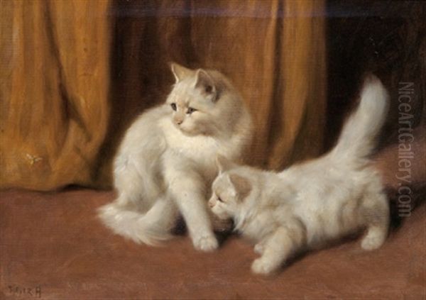 Zwei Weise Katzen Und Eine Biene Oil Painting by Arthur Heyer