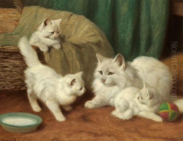 Katzenmutter Mit Drei Katzchen Oil Painting by Arthur Heyer