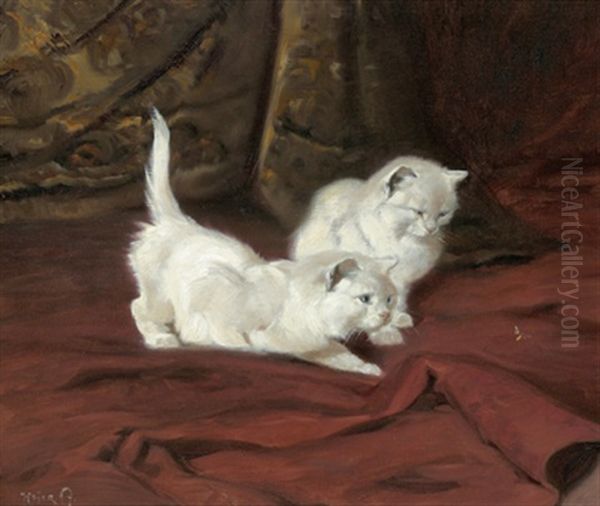 Zwei Weise Katzen Jagen Ein Insekt Oil Painting by Arthur Heyer