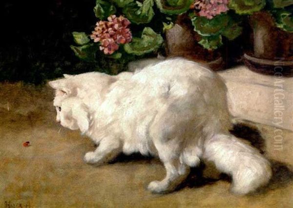 Weise Katze, Aufmerksam Einen Marienkafer Beobachtend Oil Painting by Arthur Heyer