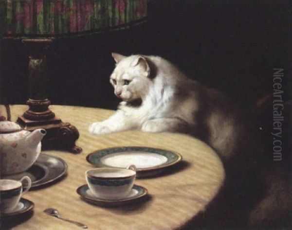 Cat On A Table Oil Painting by Arthur Heyer