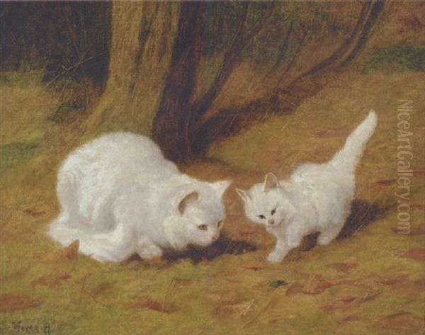 White Cats In A Forest Oil Painting by Arthur Heyer