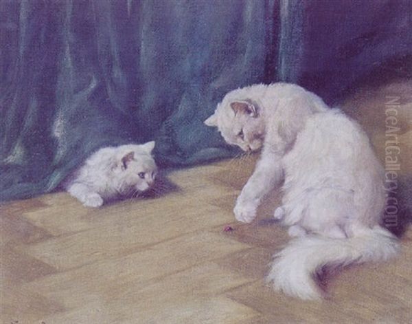 To Hvide Katte, Der Leger Med En Mariehone Oil Painting by Arthur Heyer