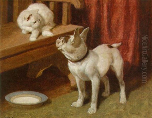 A Persian And A Terrier Before A Bowl Of Milk Oil Painting by Arthur Heyer