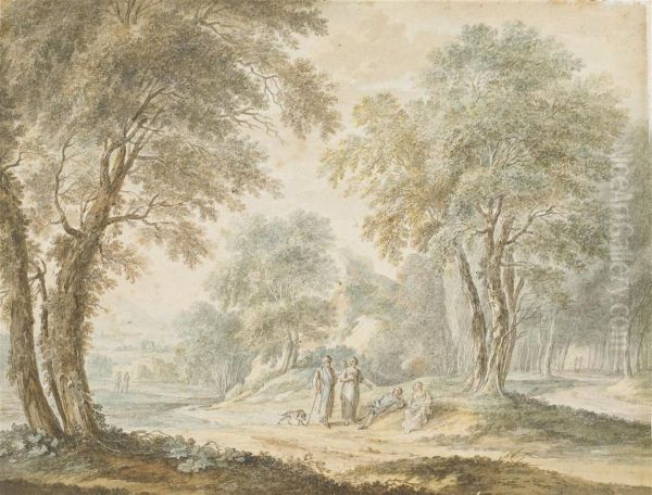 Personnages Discutant Sur Un Chemin Borde D'arbres; Et Paysans Sur Un Chemin Au Bord D'une Riviere Oil Painting by Pieter Barbiers