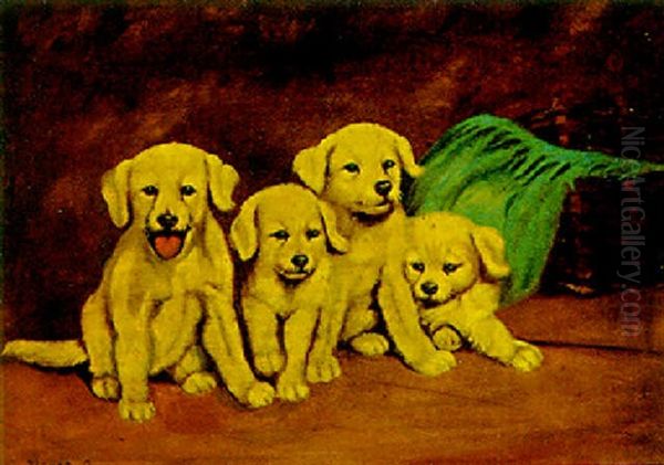 Labrador Puppies In A Basket Oil Painting by Arthur Heyer