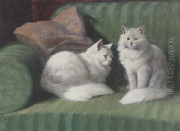 Two Persian Cats On A Green Sofa Oil Painting by Arthur Heyer