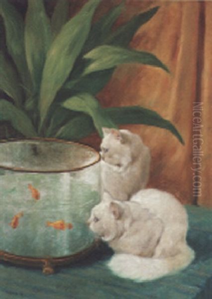 Two White Persian Cats Looking Into A Goldfish Bowl Oil Painting by Arthur Heyer