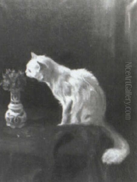 Persian Cat Perched On A Table Oil Painting by Arthur Heyer