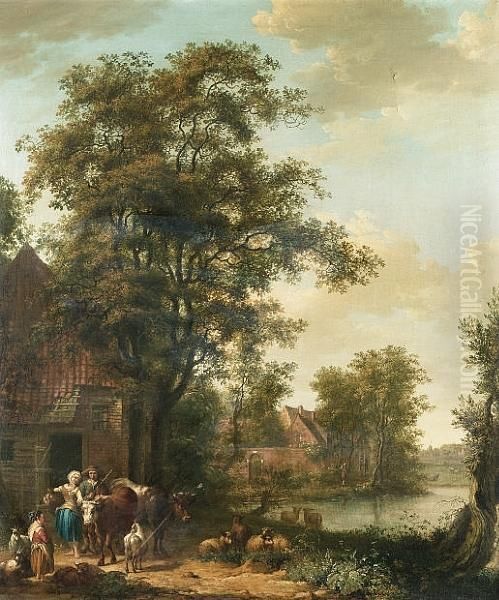 A Milkmaid And Goatherd With A Young Girl And Their Livestock Outside A Cottage, A River, A Village And A Meadow Beyond Oil Painting by Pieter Barbiers