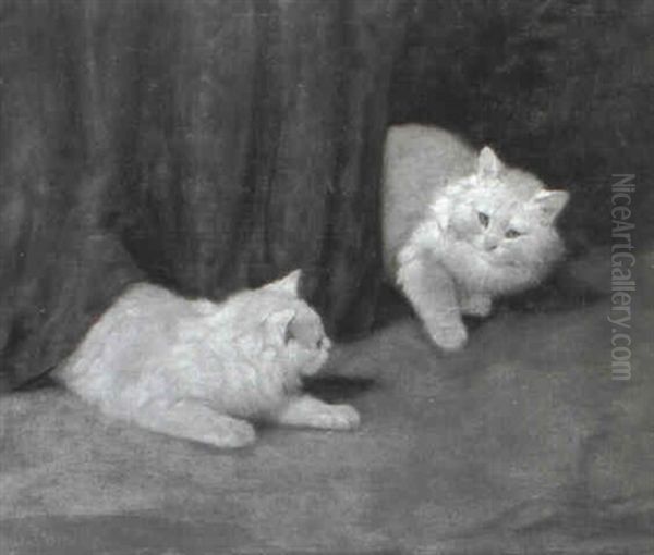 Spielende Katzen Vor Grunem Vorhang Oil Painting by Arthur Heyer