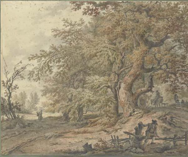 A Forest With A Traveller On A Horse, A Woman Carrying A Basket Anda Traveller Resting By A Barrier In The Foreground Oil Painting by Pieter Barbiers