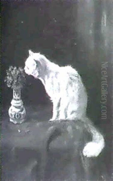 A Cat Smelling A Vase Of Violets Oil Painting by Arthur Heyer