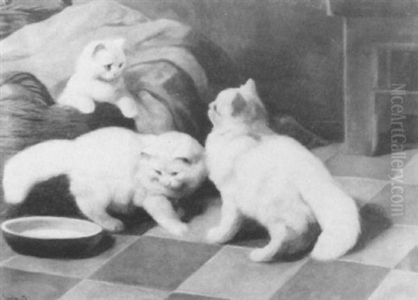 White Persians With A Bowl Of Milk Oil Painting by Arthur Heyer