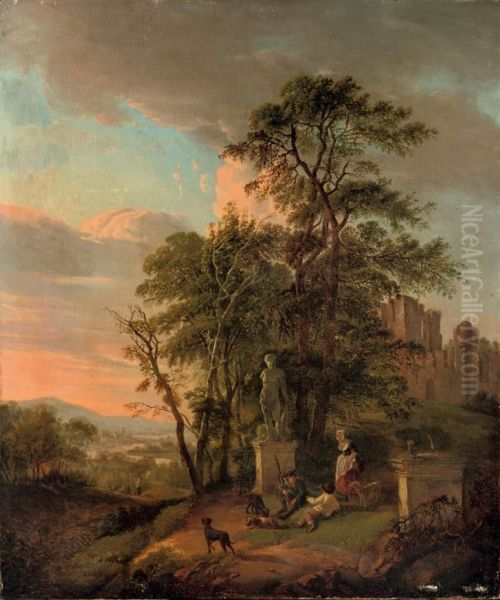 An Italianate River Landscape With Figures Resting Near A Classicalsculpture, Ruins In The Background Oil Painting by Pieter Bartholomeusz. Barbiers IV