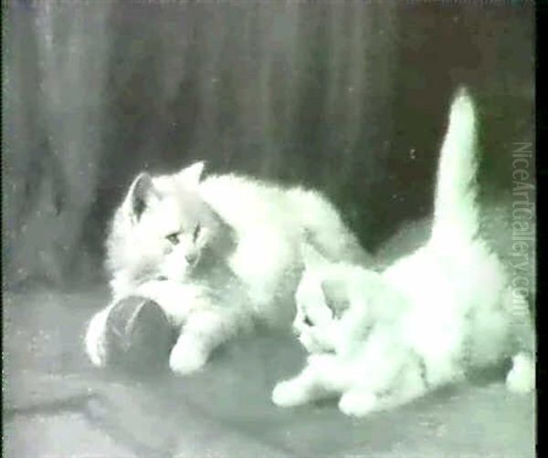 Two White Angora Kittens Playing With A Ball In An          Interior Oil Painting by Arthur Heyer