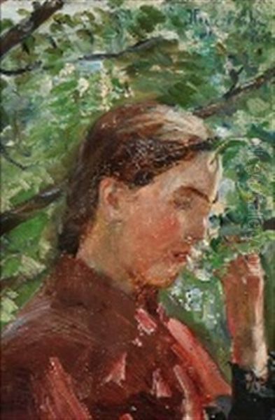 A Young Woman In Profile Smelling A Blooming Fruit Branch Oil Painting by Hans Olaf Heyerdahl