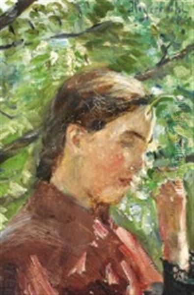 A Young Woman In Profile Smelling A Blooming Fruit Branch Oil Painting by Hans Olaf Heyerdahl