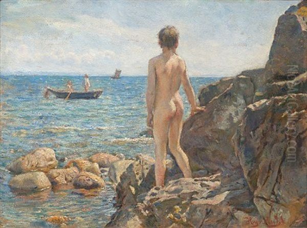 Badende Gutt Oil Painting by Hans Olaf Heyerdahl