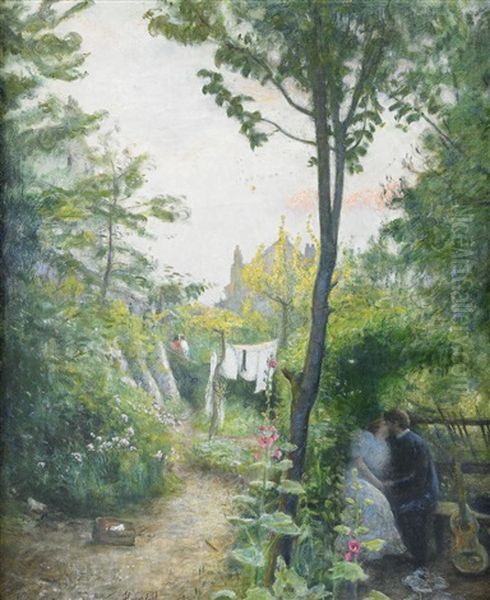 Tradgardsflirt - Motiv Fran Montmartre Oil Painting by Hans Olaf Heyerdahl