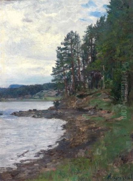 Skogen Ved Bygdoy Bad Med Kolsas I Bakgrunnen Oil Painting by Hans Olaf Heyerdahl