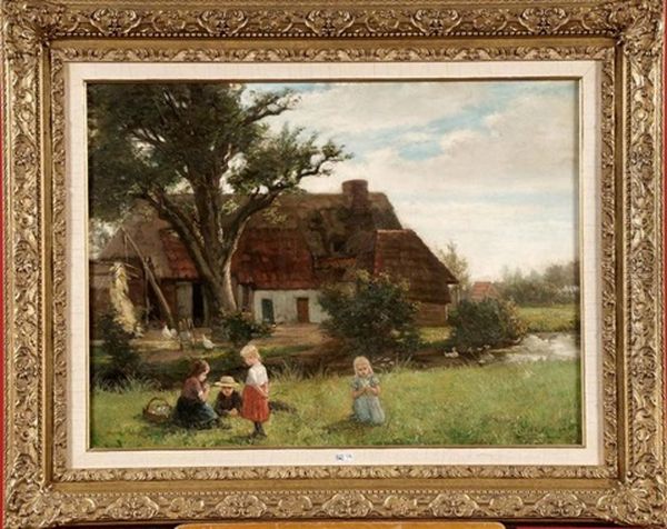 Enfants Cueillant Des Fleurs Dans Le Pre Oil Painting by Jean Arnould Heyermans