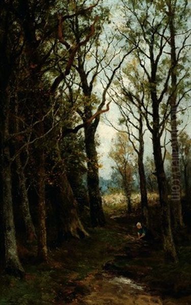 A Woman Gathering Wood In A Forest Oil Painting by Marius Heyl