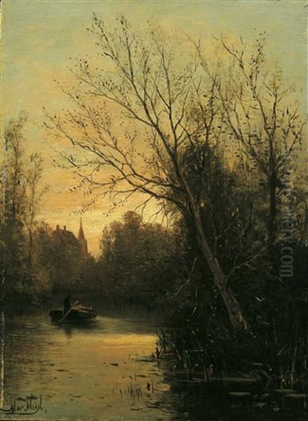 Abendliche Flusslandschaft Oil Painting by Marius Heyl