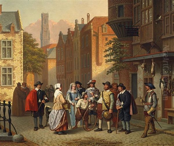 Historisierende Hollandische Strasenszene Mit Personen, Die Sich Um Den Abgesandten Des Konigs Versammeln Oil Painting by Gustaaf Antoon Francois Heyligers