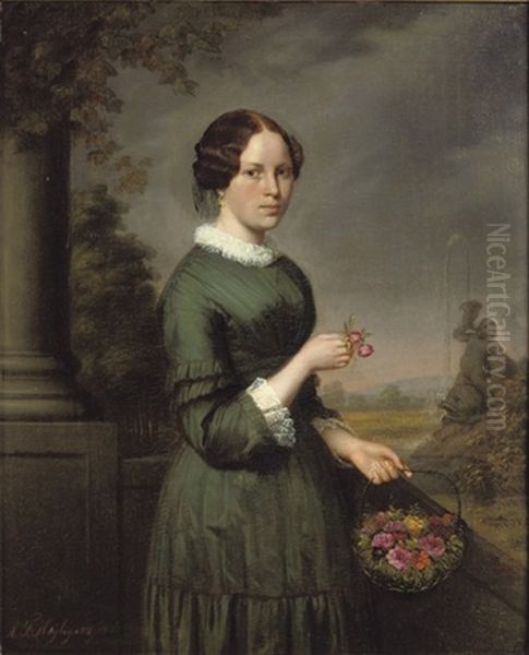 A Girl With Colourful Roses Oil Painting by Gustaaf Antoon Francois Heyligers