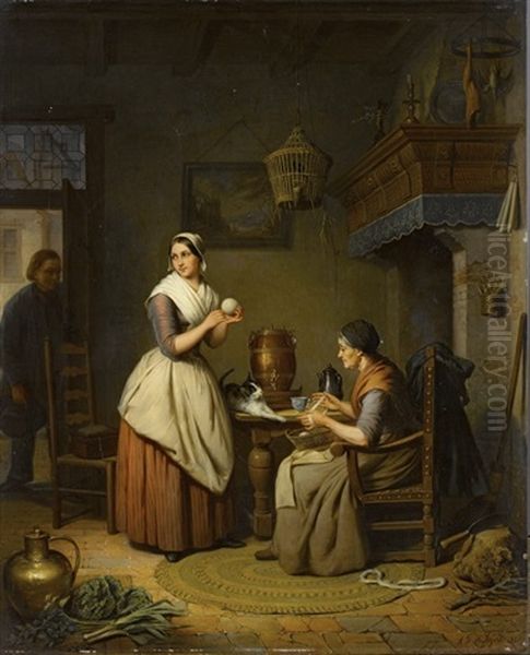 Mutter Und Tochter Mit Katzchen Beim Abwickeln Von Wolle Oil Painting by Gustaaf Antoon Francois Heyligers