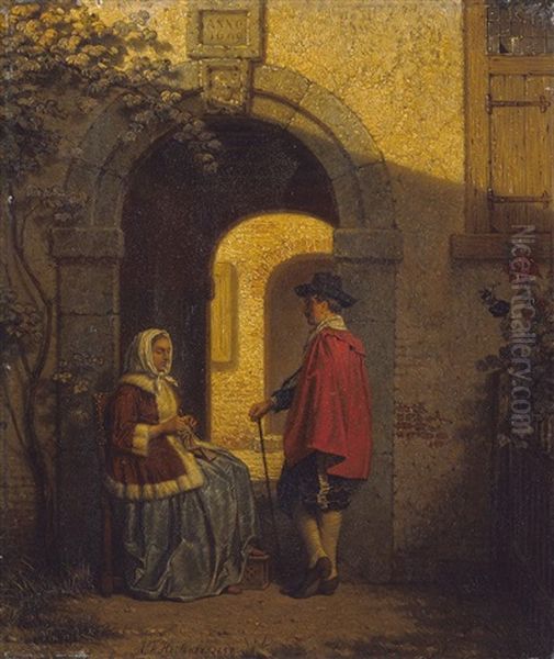 Ein Junges Paar Vor Einer Tordurchfahrt Im Gesprach Oil Painting by Gustaaf Antoon Francois Heyligers