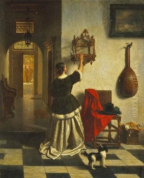 A Lady In An Interior Feeding Her Pet Bird Oil Painting by Gustaaf Antoon Francois Heyligers