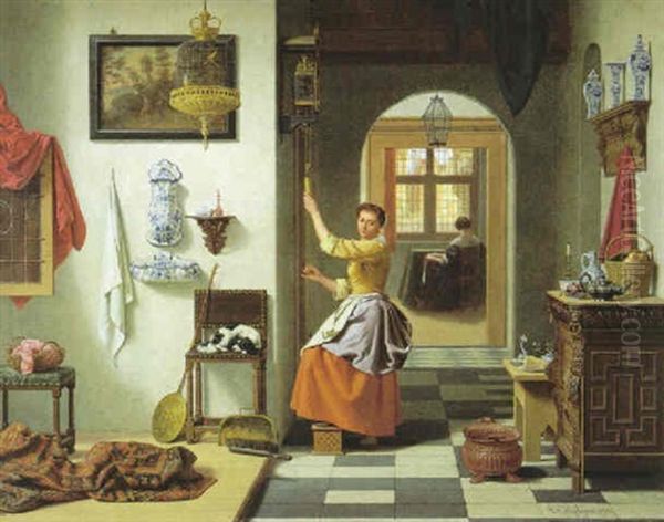 Het Opwinden Van De Klok Oil Painting by Gustaaf Antoon Francois Heyligers