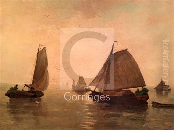 Fishing Boats On A Calm Sea Oil Painting by Adriaan Josef Heymans