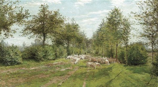 Sunny Lane With Shepherd And Flock Oil Painting by Adriaan Josef Heymans