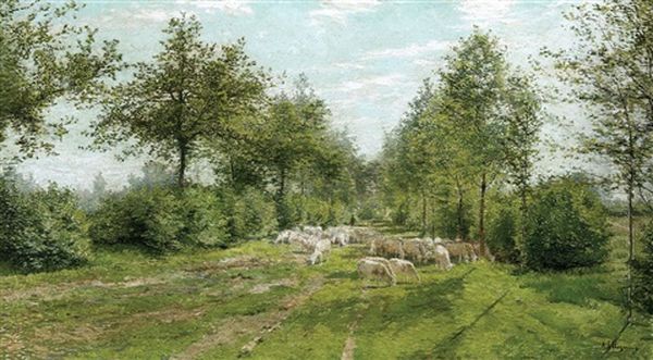 A Shepherd With His Flock In A Sunny Lane Oil Painting by Adriaan Josef Heymans