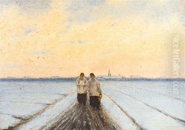 Deux Enfants De Coeur Sur Un Chemin D'hiver Oil Painting by Adriaan Josef Heymans