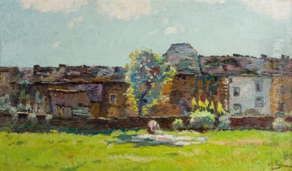 Lavandiere Devant Les Maisons Oil Painting by Adriaan Josef Heymans