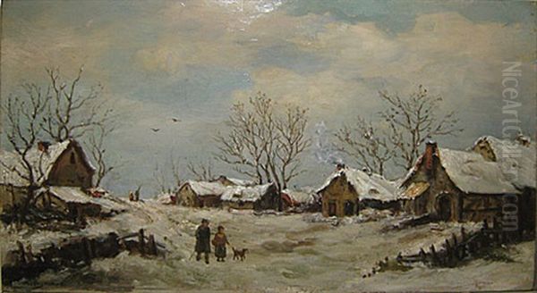 Personages In Een Besneeuwd Dorp Oil Painting by Adriaan Josef Heymans