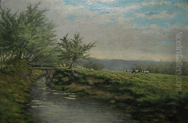 Landschap Met Brug En Koeien Oil Painting by Adriaan Josef Heymans