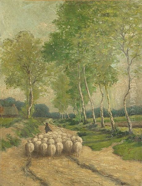 Herder En Schapen In Dreef Oil Painting by Adriaan Josef Heymans