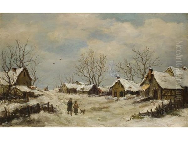 Verschneites Dorf Mit Einem Paar In Begleitung Eines Hundes Oil Painting by Adriaan Josef Heymans